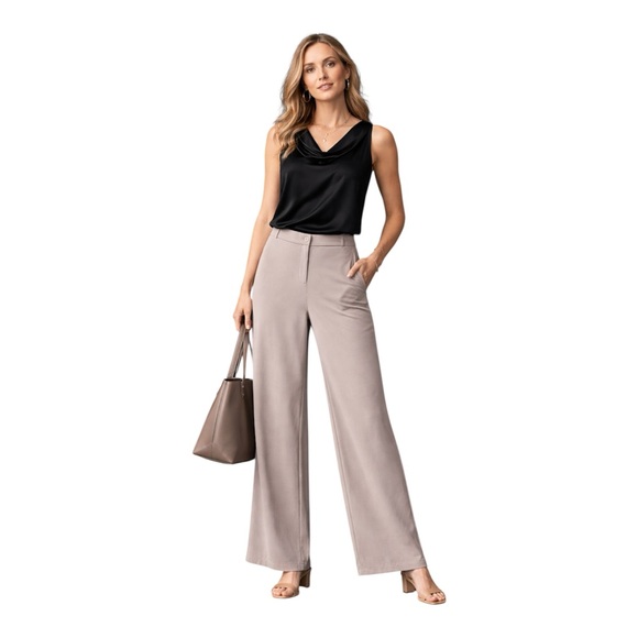 Eileen Fisher Taupe Wide Leg Pants Lyocell Stretch Size Large Work Office